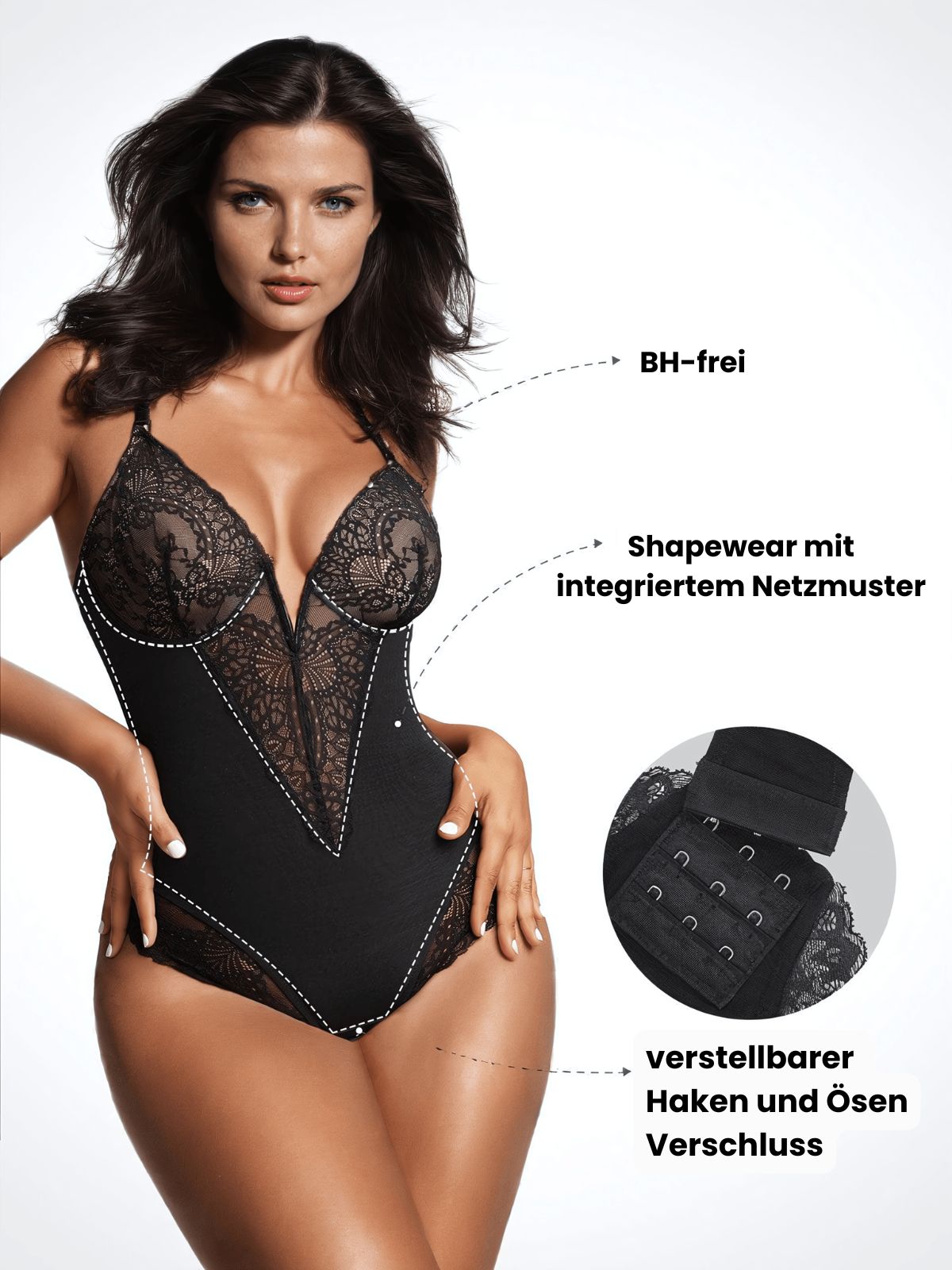 Tiefer V-Ausschnitt Spitzen Body – Sexy Shaping Bodysuit mit Push-Up Effekt | Verführerische Shapewear für Date Nights
