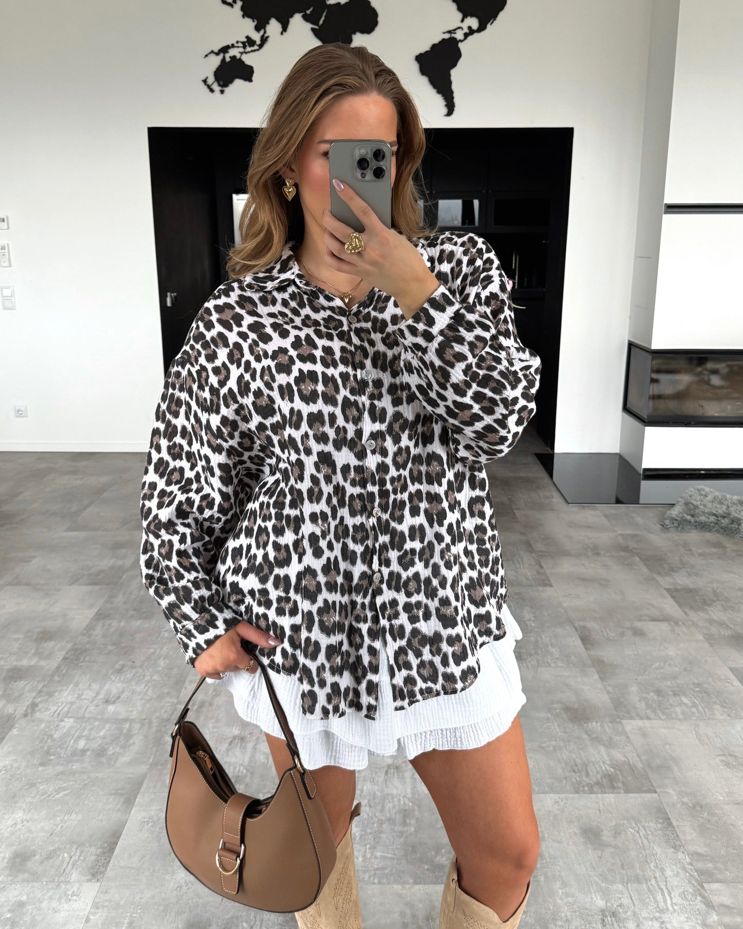 Damen Bluse Beige Einheitsgröße Musselin Leoprint-1
