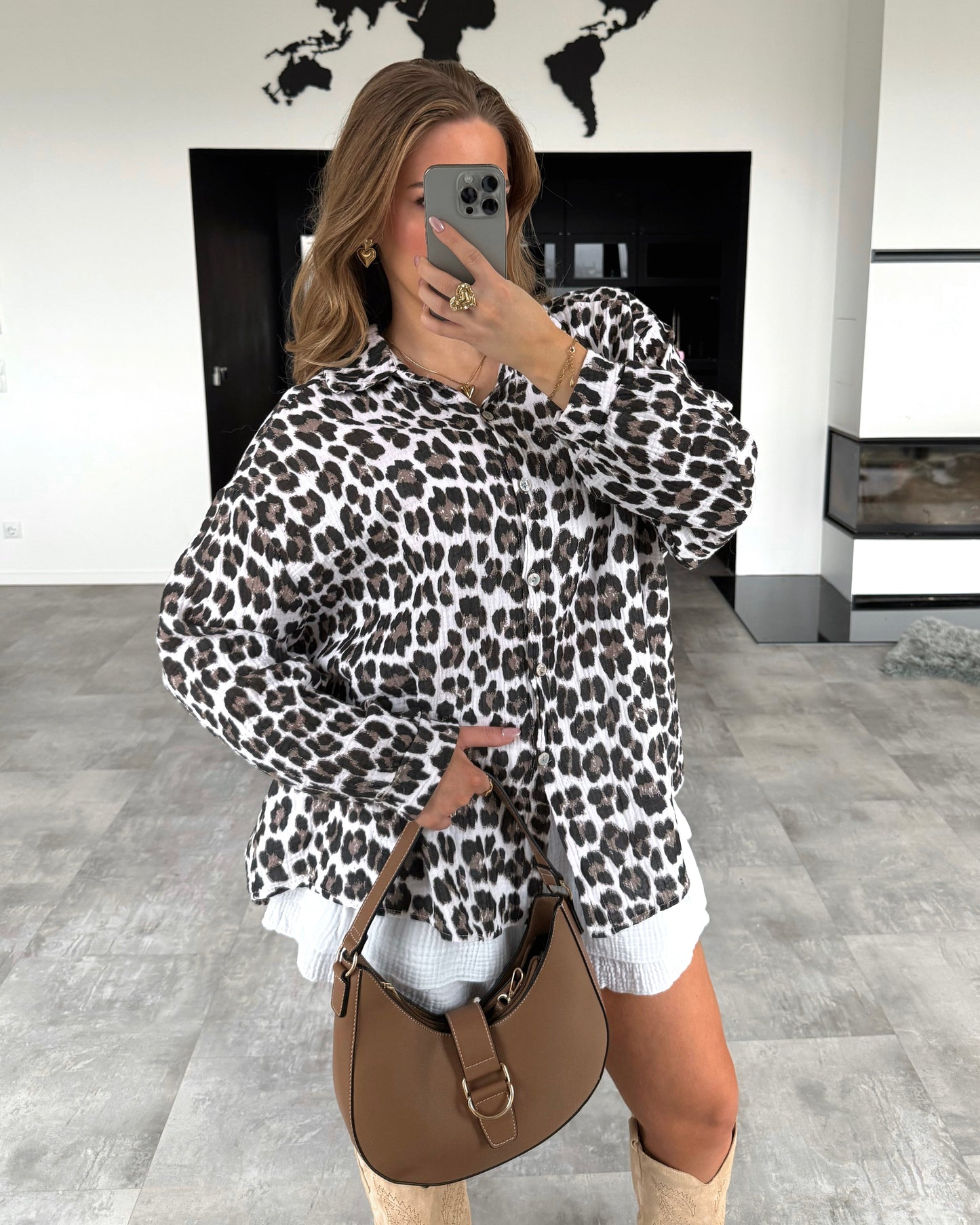 Damen Bluse Beige Einheitsgröße Musselin Leoprint-5