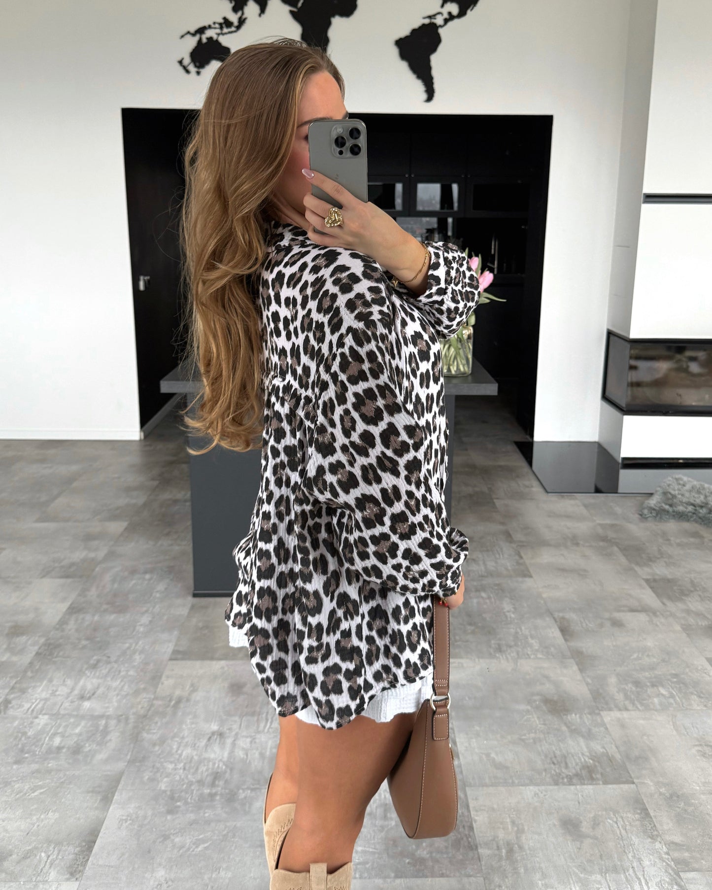 Damen Bluse Beige Einheitsgröße Musselin Leoprint-4