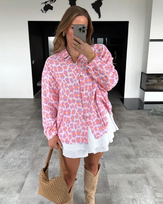 Oversize Hemd Leo-Print – Leichte Longbluse Damen mit Knopfleiste | Layering Must-Have 2025