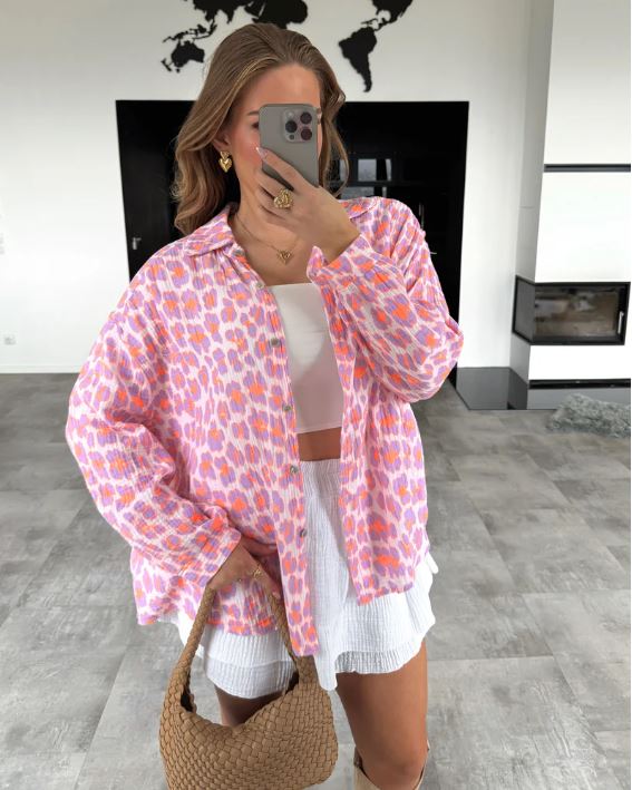 Oversize Hemd Leo-Print – Leichte Longbluse Damen mit Knopfleiste | Layering Must-Have 2025