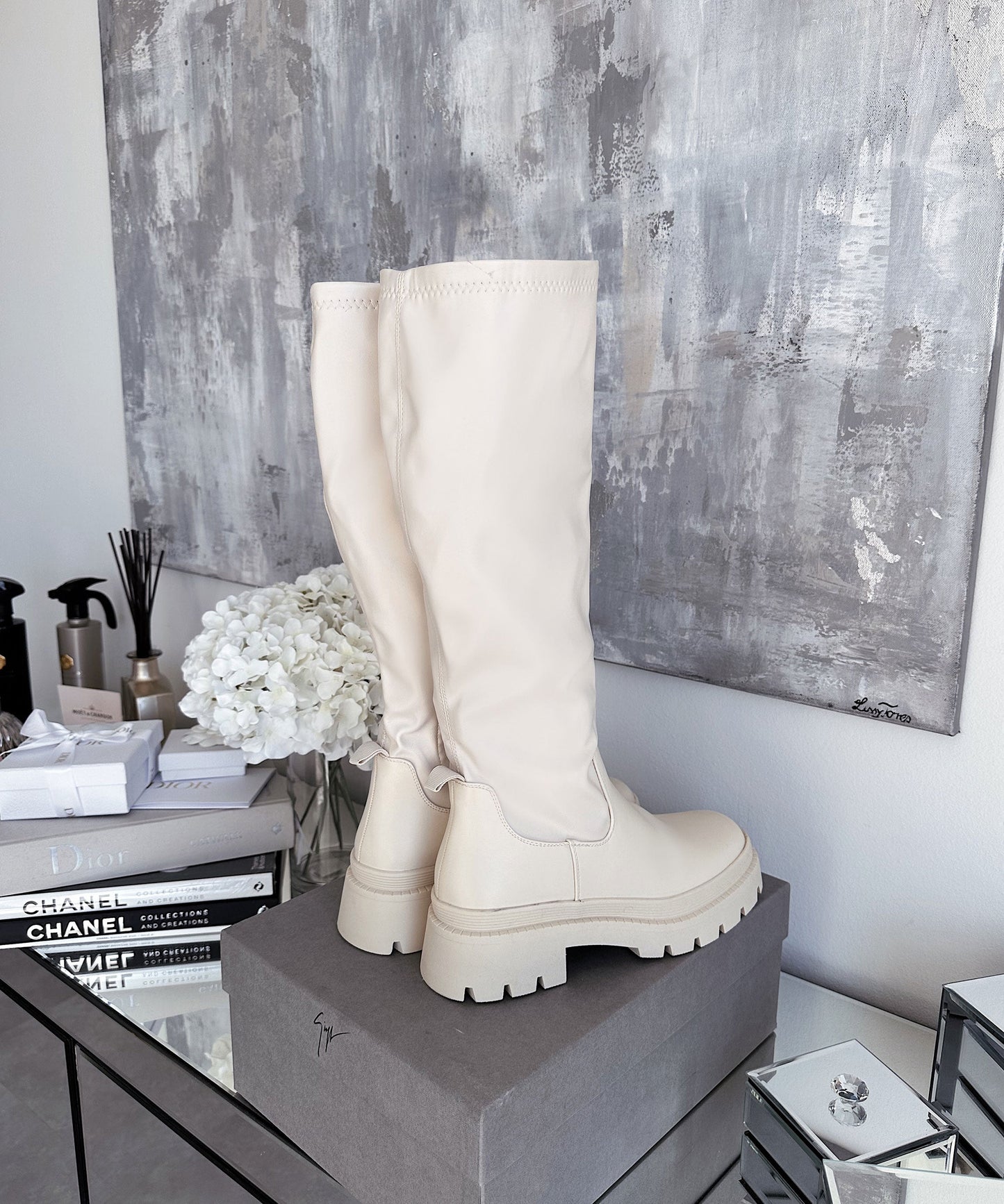 Damen Stiefel Beige Größe 38 Kunstleder mit Plateau für Herbst und Winter-5