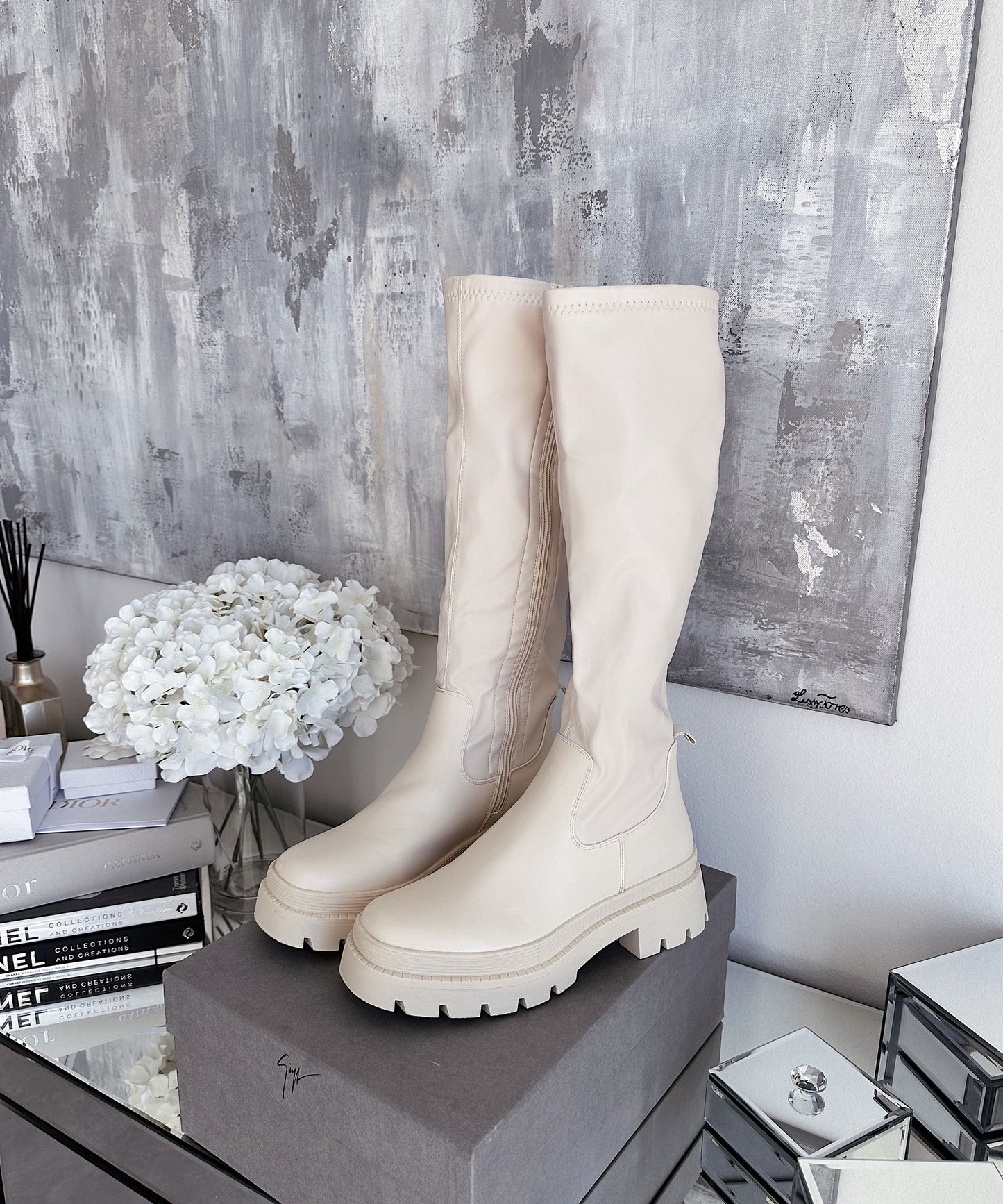 Damen Stiefel Beige Größe 38 Kunstleder mit Plateau für Herbst und Winter-6
