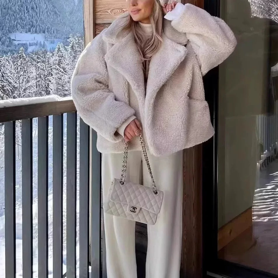 Damen Teddy Mantel Beige Größe M Polyester Kurz für Winter Mäntel Damen-4