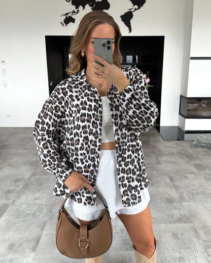 Damen Bluse Beige Einheitsgröße Musselin Leoprint-3