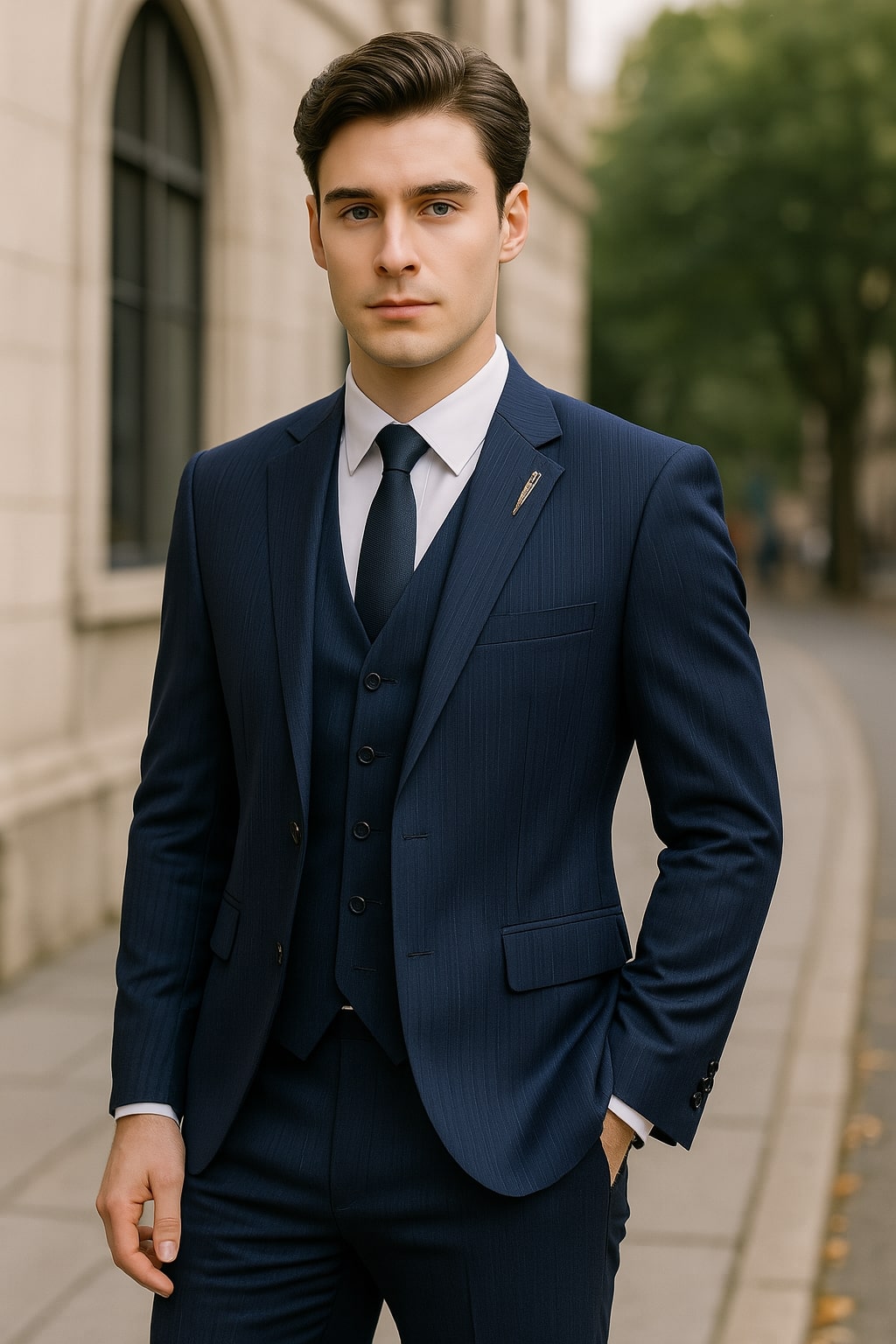 blauer herrenanzug 3 teilig polyester viskose slim fit für hochzeit
dreiteiliger blauer business anzug herren atmungsaktiv knitterarm mit weste