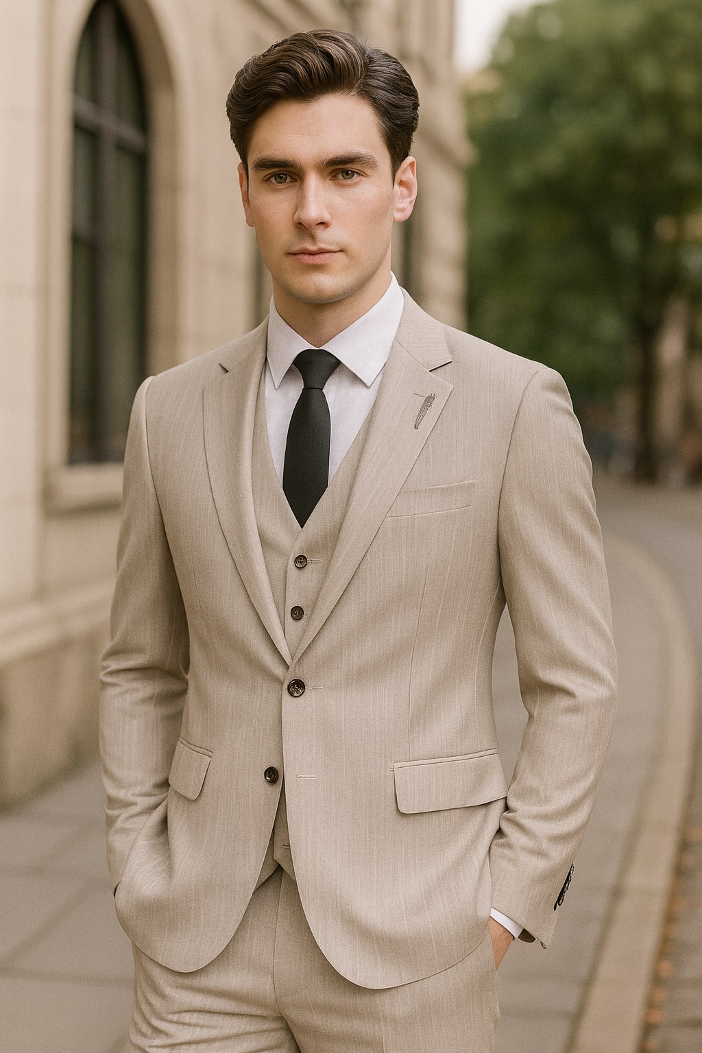 beiger herrenanzug 3 teilig slim fit leichtes material sommer hochzeit
dreiteiliger beiger anzug herren polyester viskose atmungsaktiv festliche anlässe