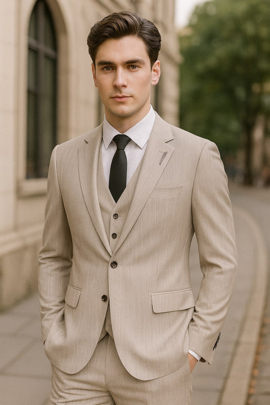 beiger herrenanzug 3 teilig slim fit leichtes material sommer hochzeit
dreiteiliger beiger anzug herren polyester viskose atmungsaktiv festliche anlässe