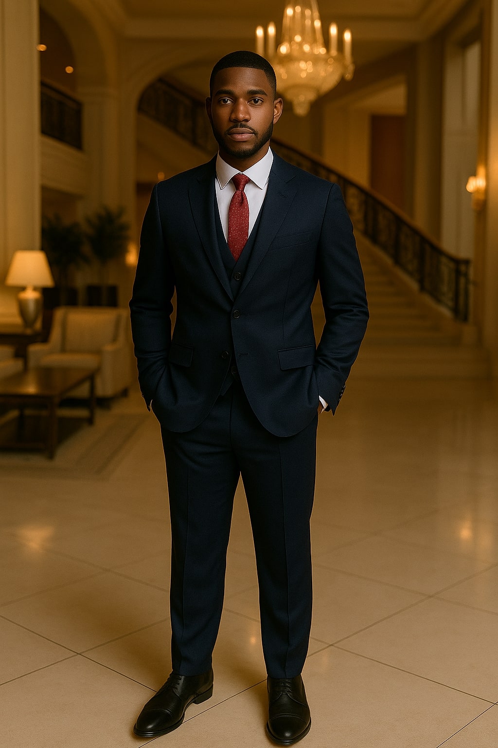 Moderner dreiteiliger Herrenanzug in Dunkelblau mit Weste, schmal geschnitten für Büro und formelle Events