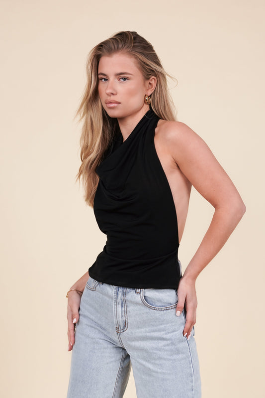Damen Glitzer Top Schwarz Größe M Polyester mit Wasserfall-Ausschnitt und offenem Rücken-3