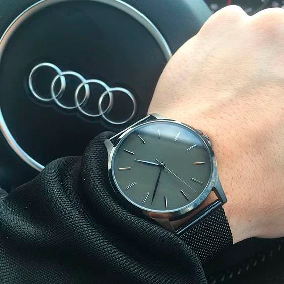 Herren Uhr Schwarz 40 mm Edelstahl Minimalistisch Water Resistant-4