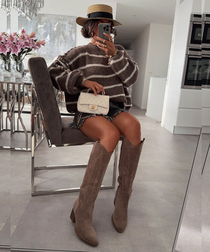Damen Cowboy Stiefel Taupe Größe 37 Kunstwildleder-6
